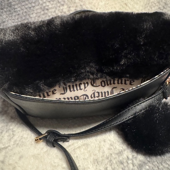 Juicy Couture Black Faux Fur Licorice Flap Crossbody with Pom Pom & Crown Charm - Picture 3 of 9